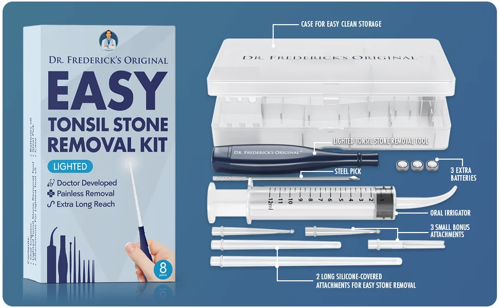 Dr. Frederick’s Original Easy Tonsil Stone Remover Kit - Fast Painless Tonsillolith Removal Tool - Fight Bad Breath - Pick and Oral Irrigator - 8 Pieces - tonsil stone remover