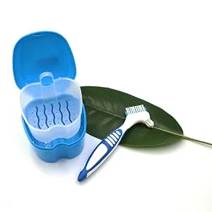 BRMDT Denture Case Bath Cups Denture Brushes 4Pcs, Denture Holder Brace Container with Soaking Strainer Basket For Daily Cleaning Home Office and Travel Light Blue - DENTURE CUP