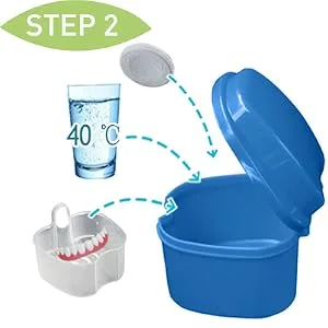 BRMDT Denture Case Bath Cups Denture Brushes 4Pcs, Denture Holder Brace Container with Soaking Strainer Basket For Daily Cleaning Home Office and Travel Light Blue - product information 4