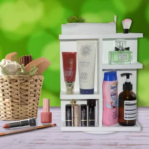 Spiretro Rotating Cosmetic Modular Organizer, Multi-Function Storage, 360 degree Carousel for Makeup, Toiletries, Vanity, Desk, Countertop, Bedroom, Closet, Made by Wood, White - Organizer with lipstick
