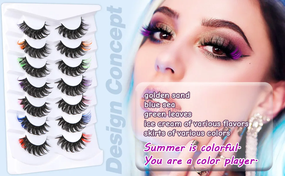 Colored Eyelashes Colorful Lashes Strips with 7 Colors Full D Curl Fluffy Mink Lashes 5D False Eyelashes Pack 7 Pairs by Goddvenus B-Rainbow Color - D Curl Colorful Lashes