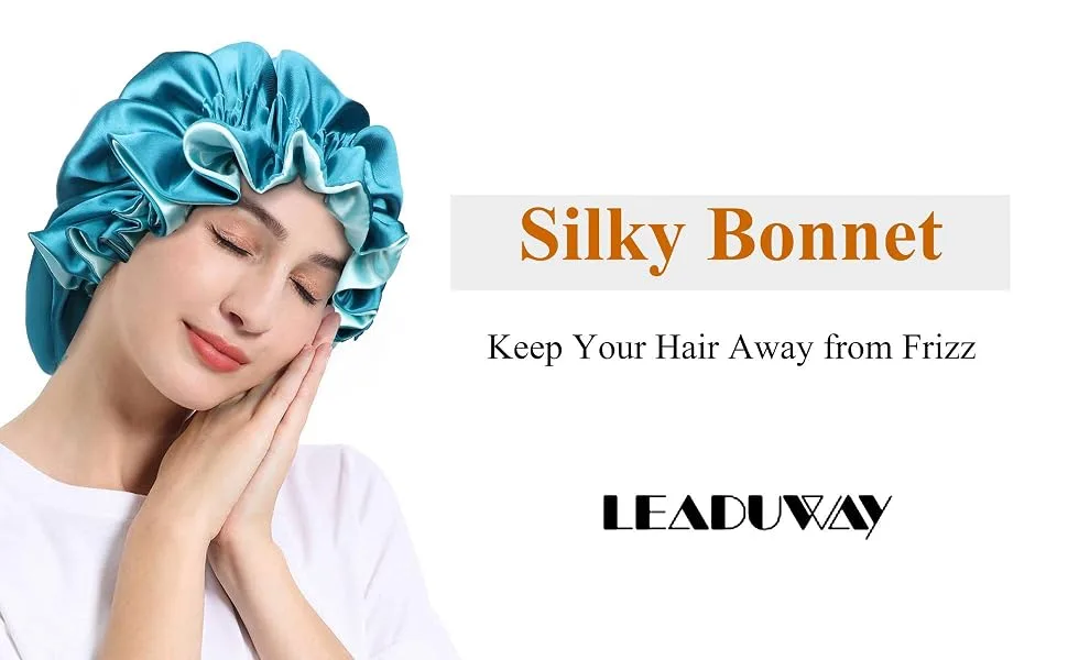 LEADUWAY 3 Pcs Silk Bonnets, Large Satin Bonnet for Woman, Double-Layer Sleep Cap with Adjustable Elastic Wide Band(Lake Blue, Rose Red, Black) - silky bonnet