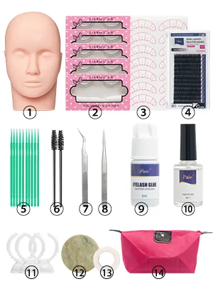 Buqikma 14PCS Lash Extension Kit with Glue Professional False Eyelashes Extension Kit Practice Exercise Glue Tool with Makeup Mannequin Head Extension Starter Kit for Makeup Practice and Graft (14PCS) - False Eyelash Extension Kit