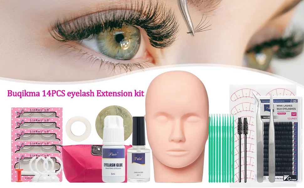 Buqikma 14PCS Lash Extension Kit with Glue Professional False Eyelashes Extension Kit Practice Exercise Glue Tool with Makeup Mannequin Head Extension Starter Kit for Makeup Practice and Graft (14PCS) - Lash Extension Kit