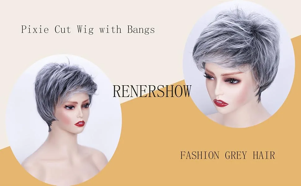 Short Grey Wig Pixie Cut Wig with Bangs Mixed Grey Wigs for White Women Layered Synthetic Natural Looking Daily Party Wig grey pixie wig - RENERSHOW grey wig