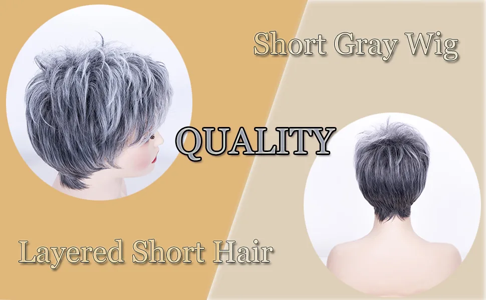 Short Grey Wig Pixie Cut Wig with Bangs Mixed Grey Wigs for White Women Layered Synthetic Natural Looking Daily Party Wig grey pixie wig - SHORT GRAY HAIR