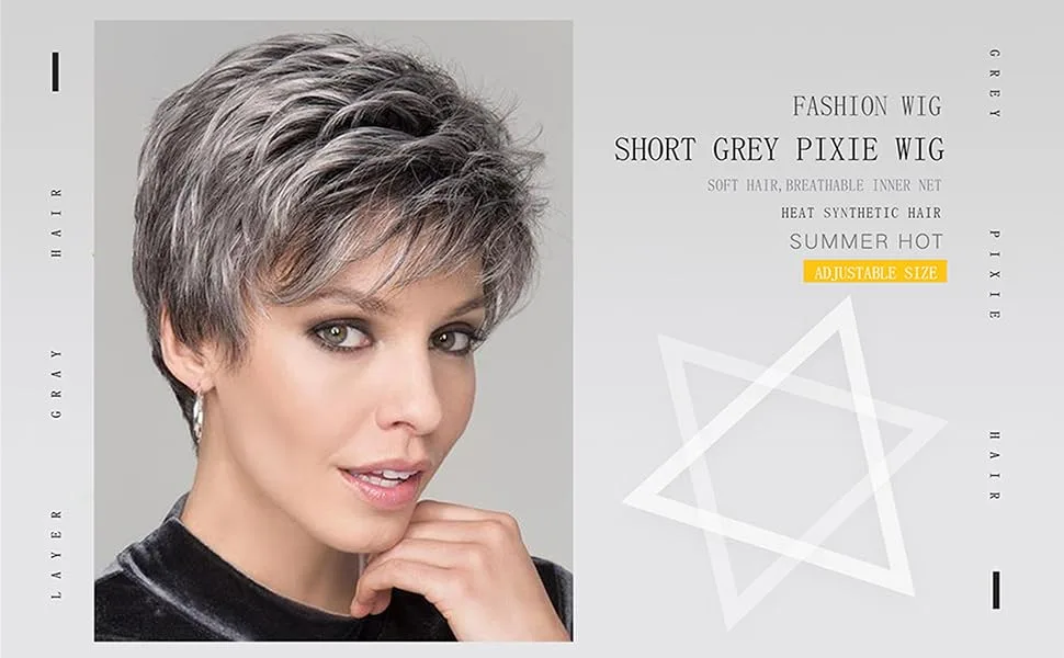 Short Grey Wig Pixie Cut Wig with Bangs Mixed Grey Wigs for White Women Layered Synthetic Natural Looking Daily Party Wig grey pixie wig - short grey pixie wig