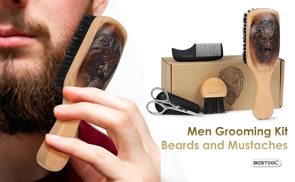 BESTOOL Beard Brush Comb Set for Men Wooden Handle Boar Bristle Beard Brush Grooming Kit for Growth, Styling, Smooth, Makes a Great Gift for Men Square - product information 1