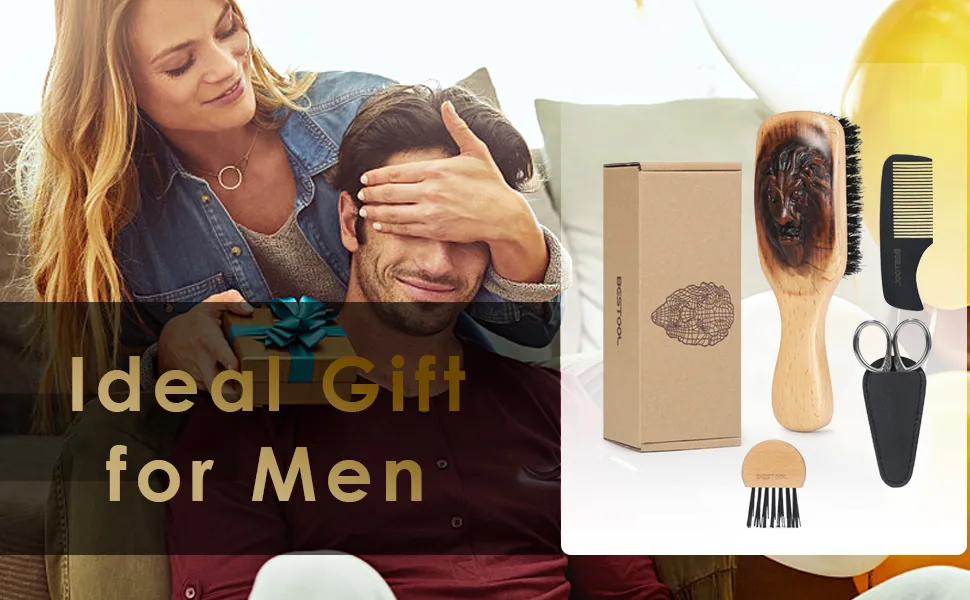 BESTOOL Beard Brush Comb Set for Men Wooden Handle Boar Bristle Beard Brush Grooming Kit for Growth, Styling, Smooth, Makes a Great Gift for Men Square - product information 2