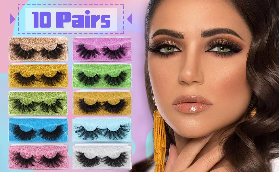Mink Fluffy Lashes 25mm Fake Eyelashes Pack 10 Pairs Mixed Long Thick Lashes Bulk Handmade Reusable 8D Volume Eyelashes 10Pairs_Try - mink lashes