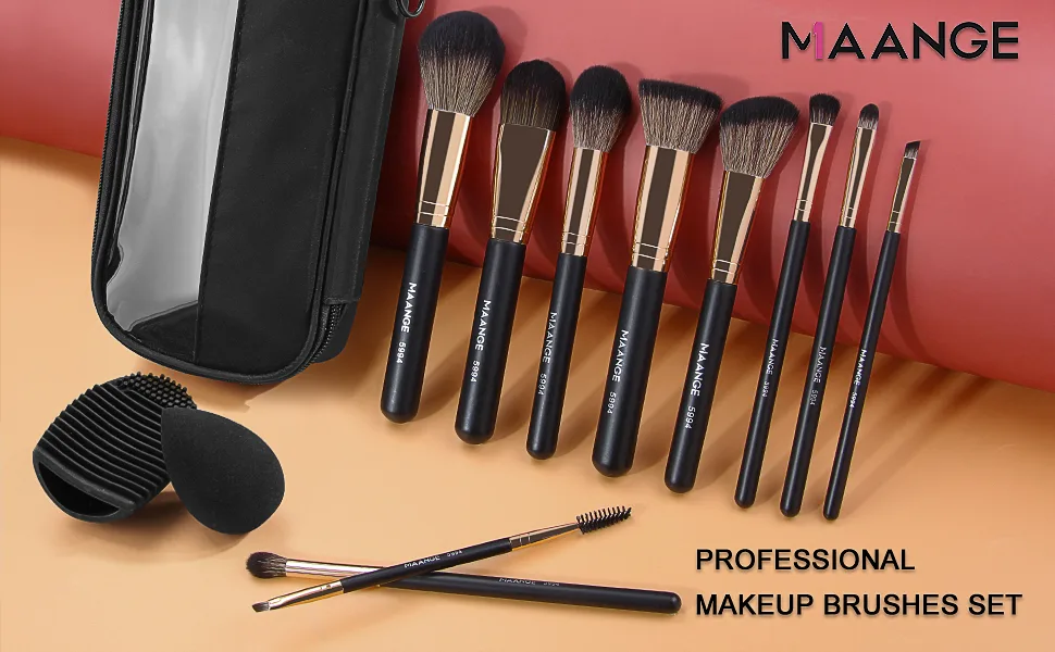Makeup Brushes,MAANGE 10 PCs Travel Professional Makeup Brushes Set with Case,Foundation Kabuki Blush Eyeshadow Make Up Brush with Makeup Sponge and Brush Cleaner(Blackgold) - makeup brushes set
