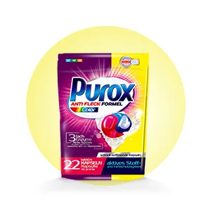 PUROX CAPS UNIVERSAL (22 WL) Washing Caps 2 chambers for colored textiles doypack detergent 396 g Unscented 22 pieces (1 pack) - product information 5