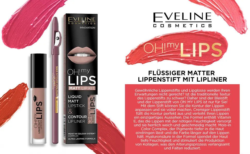 Eveline Cosmetics Oh! My Lips Set: Matte liquid lipstick and lip liner No. 08 Lovely Rose Red 1 piece (1 pack) - oh my lips