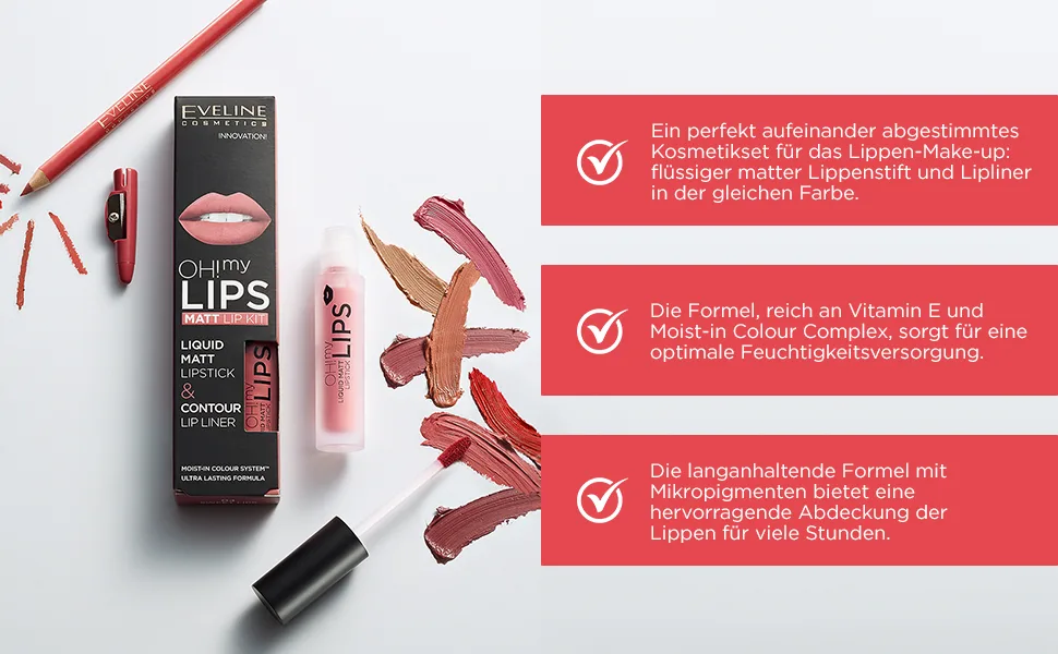 Eveline Cosmetics Oh! My Lips Set: Matte liquid lipstick and lip liner No. 08 Lovely Rose Red 1 piece (1 pack) - oh my lips