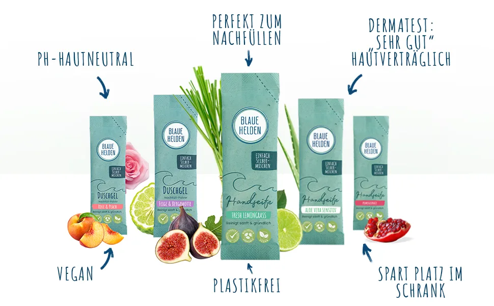 Blue Heroes 6-pack hand soap refill powder mix (2x Lemon 2x Aloe Vera 2x Pomegranate) - Duftvarianten
