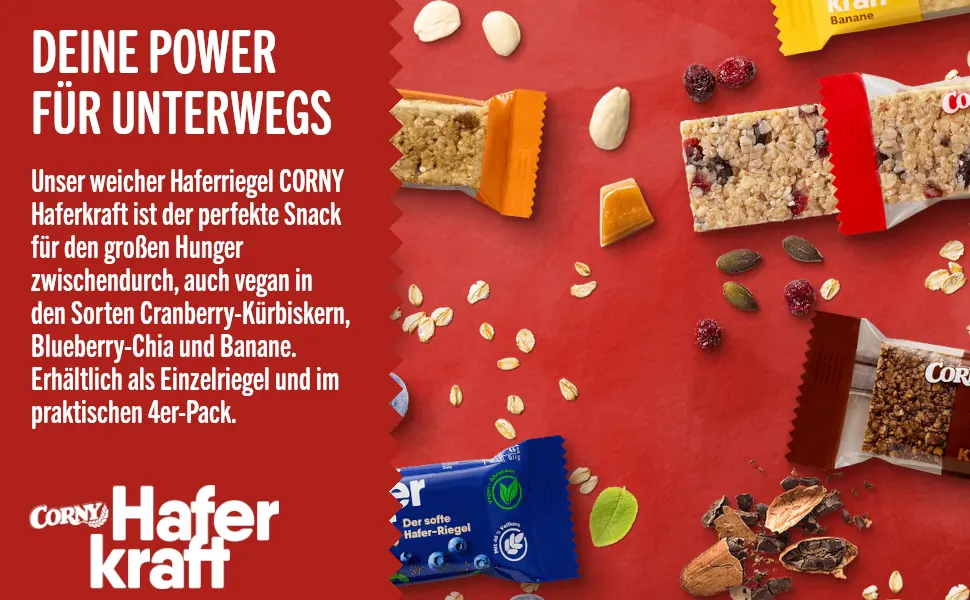 Oat Bar Corny Haferkraft Mix Box 3 Varieties Whole Grain & Vegan Bulk Pack 24x65g Mix Box - Header