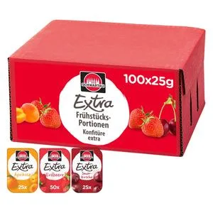 Schwartau extra portions mix box jam portion shells (50 x strawberry 25 x apricot 25 x sour cherry) large pack 100 x 25g extra mix box - product information 2