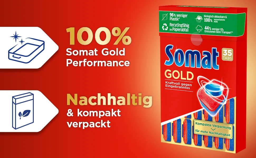Somat gold dishwashers tabs (105 tabs) dishwasher for bright clean dishes even at low temperatures extra power against burned-out compact packaging for more sustainability 105 pieces (1 Pack) 105 tabs - Somat Gold Kompakt & Sortiert