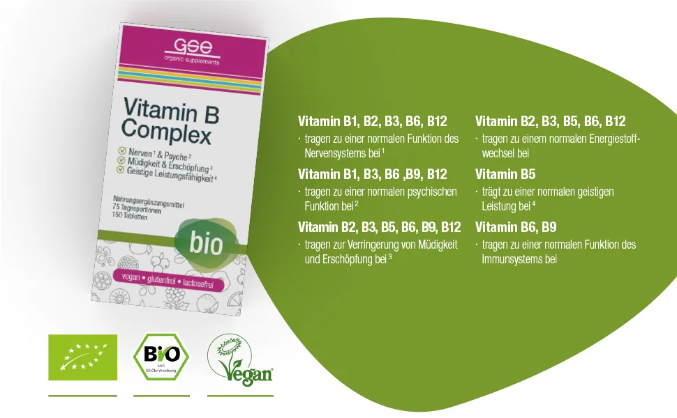 GSE Vitamin B complex tablets 100% vegan and without additives high dosage organic quality 150 pieces 150 pieces (1 pack) - Vit B
