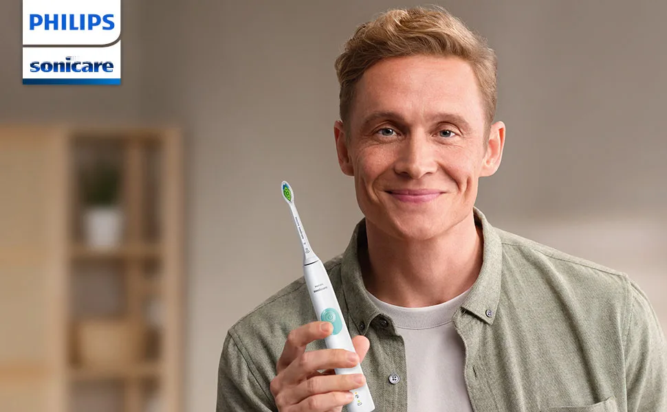 Philips Sonicare ProtectiveClean 5100 Electric toothbrush HX6851/34 Double Pack - 2 Sound toothbrushes with 3 cleaning programs pressure control travel label - white/blue - Matthias Schweighöfer