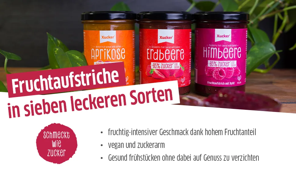 Xucker Raspberry Fruit Spread with Xylitol - Fruity Raspberry Spread with 76% Fruit Content I Vegan & Low Sugar 220g - Fruchtaufstrich mit Xylit und Himbeere