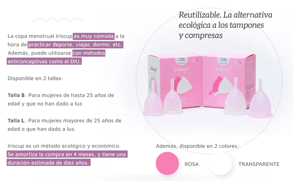 Irisana - menstrual cup - pack with 2 units - size L - pink and transparent - 9 x 6 x 10 cm - Surgical silicone - compatible with IUP - Iriscup model - Verschiedene Farben und Größen
