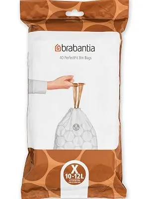 Brabantia garbage bag Perfectfit Donation pack (White - Code X - 10L / 12L) Extra strong garbage bags with a train tape (40 garbage bags) White - Code X 40 pieces (1 SPACE) - PerfectFit Bags, Code X, 10-12L, 40 Bags - White - Dispenser pack Brabantia_300dpi_5000x7000px