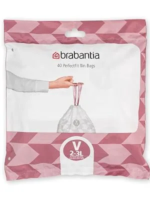 Brabantia garbage bag Perfectfit Donation pack (code V - 2l / 3l) Extra strong garbage bags with a train tape (40 garbage bags) White - Code V 40 pieces (1 Pack) - PerfectFit Bags, Code V, 2-3L, 40 Bags - White - Dispenser pack Brabantia_300dpi_5000x7000px