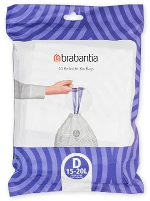 Brabantia garbage bag Perfectfit donor pack (Code D - 15L / 20L) Extra strong garbage bags with a train tape (40 garbage bags) White - Code D 40 pieces (1 Pack) - PerfectFit Bags, Code D, 15-20L, 40 Bags - White - Dispenser pack Brabantia_300dpi_5000x7000px