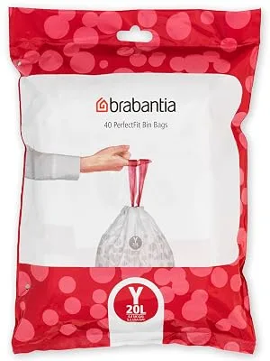 Brabantia garbage bag Perfectfit Donation pack (code Y / 20L) Extra strong garbage bags with a train tape (40 garbage bags) White - Code Y 40 pieces (1 Pack) - PerfectFit Bags, Code Y, 20L, 40 Bags - White - Dispenser pack Brabantia_300dpi_5000x7000px