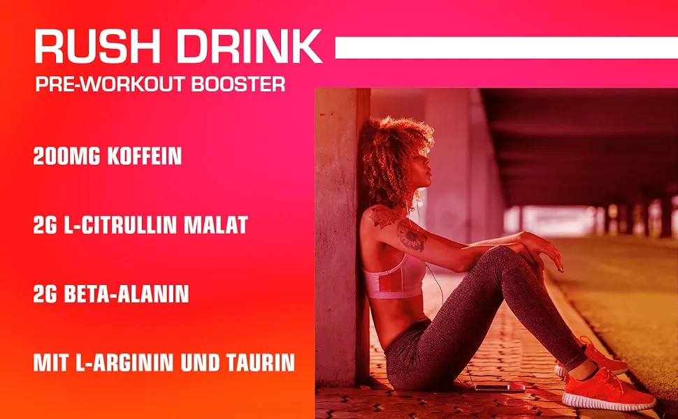 Weider RUSH Ready-to-Drink Pre-Workout Booster Energized Orange 250 ml with Caffeine & Arginine (Pack of 2) 250 ml (Pack of 2) - Koffein