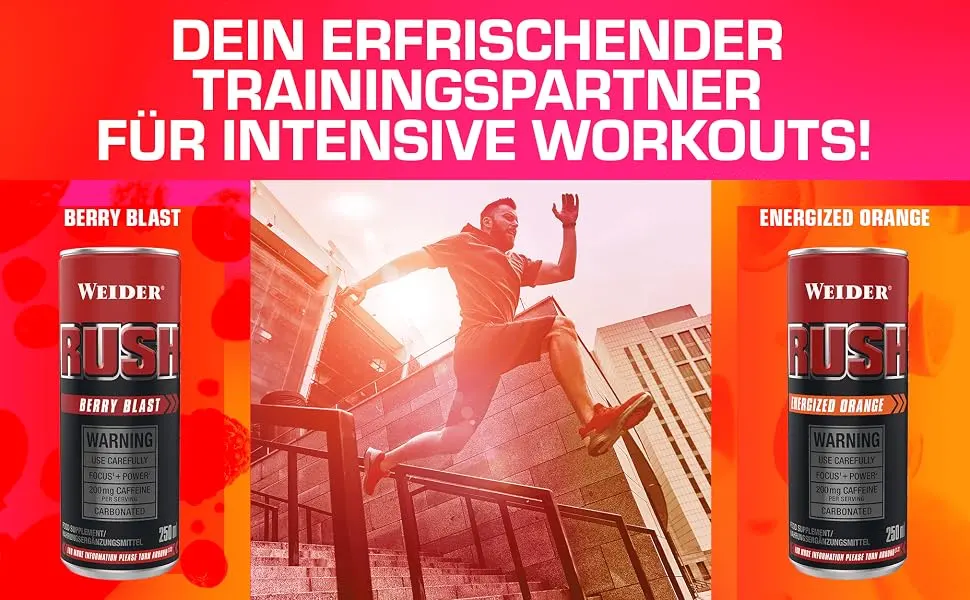 Weider RUSH Ready-to-Drink Pre-Workout Booster Energized Orange 250 ml with Caffeine & Arginine (Pack of 2) 250 ml (Pack of 2) - Koffeine Rush RTD
