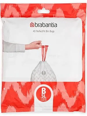 Brabantia garbage bag Perfectfit Donation pack (code B / 5L) Extra strong garbage bags with a train tape (40 garbage bags) White - Code B 40 pieces (1 Pack) - PerfectFit Bags, Code B, 5L, 40 Bags - White - dispenser pack Brabantia_300dpi_5000x7000px