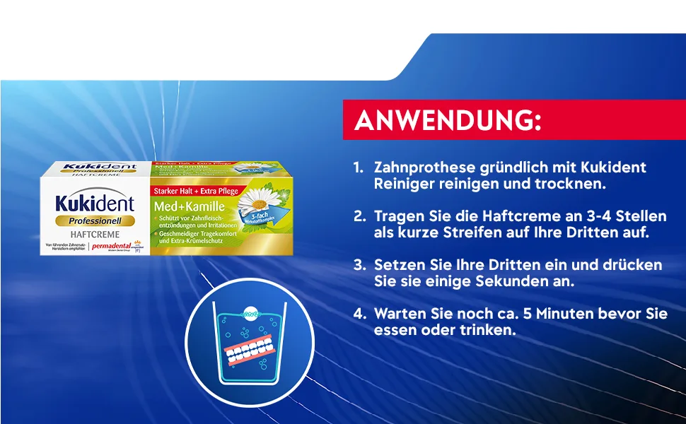 Kukident Adhesive Cream Med+Chamomile Tooth Cleaner for Dentures Pack of 3 (3 x 40 g) 40 g (Pack of 3) - Kukident Anwendung