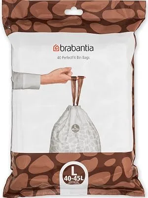 Brabantia garbage bag Perfectfit Donation pack (code L - 40L / 45L) Extra strong garbage bags with a train tape (40 garbage bags) White - Code L 40 pieces (1 Pack) - PerfectFit Bags, Code L, 40-45L, 40 Bags - White - Dispenser pack Brabantia_300dpi_5000x7000px