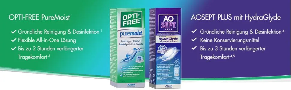 Opti-Free Puremoist contact lens solution pack 2 x 300 ml and 1 x 90 ml - Vorteile von OptiFree und Aosept