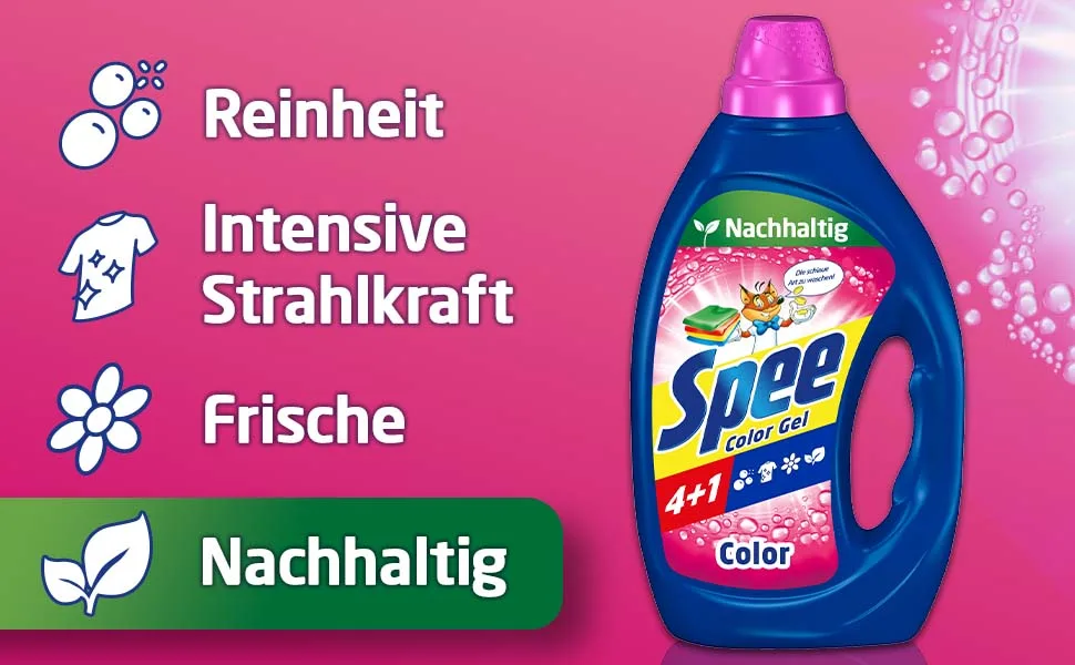 Spee active gel color 4 + 1 detergent (100 wash loads) liquid detergent with 4 + 1 formula combines purity radiance freshness & sustainability 20 - 60 C - product information 2