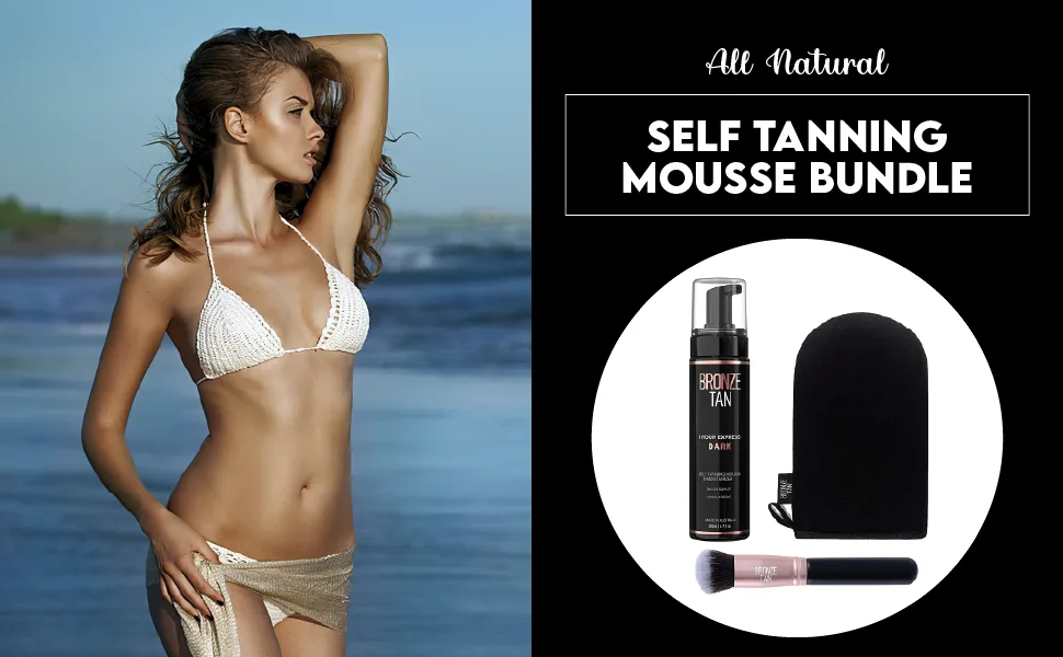 Bronze Tan Dark Self Tanning Mousse Bundle All Natural 1-Hour Express Sunless Tanner Mousse, Instant Self Tanner Lotion with Bronzer, Self Tanning Mitt and Kabuki Brush - Bronze Tan, Self Tanning Mousse Bundle, All In One Self Tanner Set, Sunless Tanner Mousse