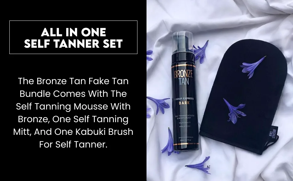 Bronze Tan Dark Self Tanning Mousse Bundle All Natural 1-Hour Express Sunless Tanner Mousse, Instant Self Tanner Lotion with Bronzer, Self Tanning Mitt and Kabuki Brush - Bronze Tan, Self Tanning Mousse Bundle, All In One Self Tanner Set, Sunless Tanner Mousse