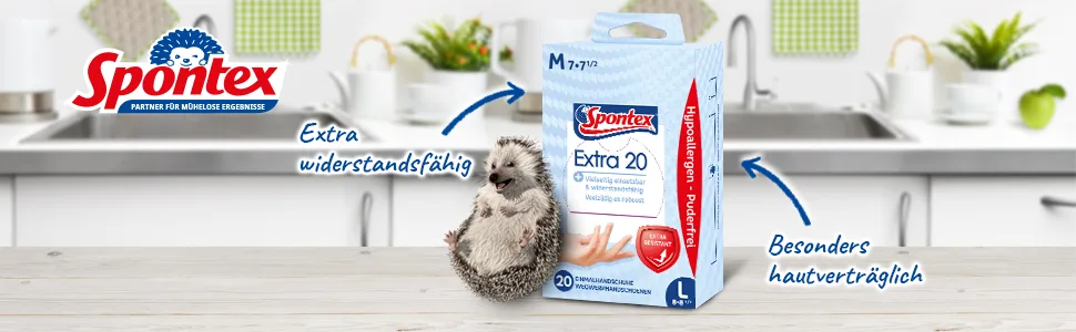 Spontex extra disposable gloves made of vinyl resistant particularly skin -friendly and powder -free in a practical donor box size L 3 x 20 pieces - Header