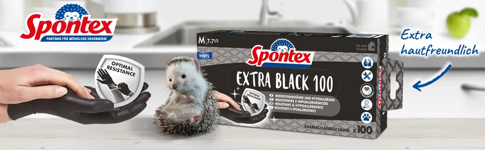 Spontex Extra Black Tedisely gloves made of vinyl unpowdered and latex -free versatile in a practical donor box size S 100 pack black - Banner Extra Black
