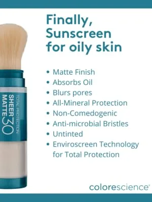 Colorescience Total Protection Sheer Matte SPF 30 Sunscreen Brush For Oily and Acne-Prone Skin, Unscented 0.15 Ounce - colorescience sheer matte spf 30 sunscreen brush, sunscreen powder for oily skin