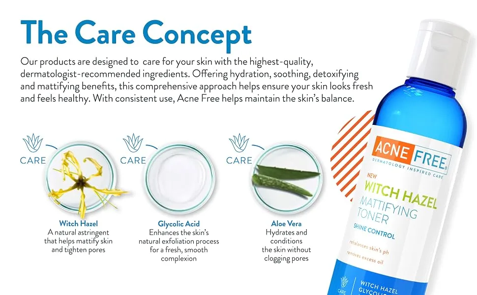 Acne Free Witch Hazel Mattifying Toner, Glycolic Acid, Remove Dirt and Reduce Shine, 8.4 Ounce (Pack of 2) 2 Pack - The Care Concept