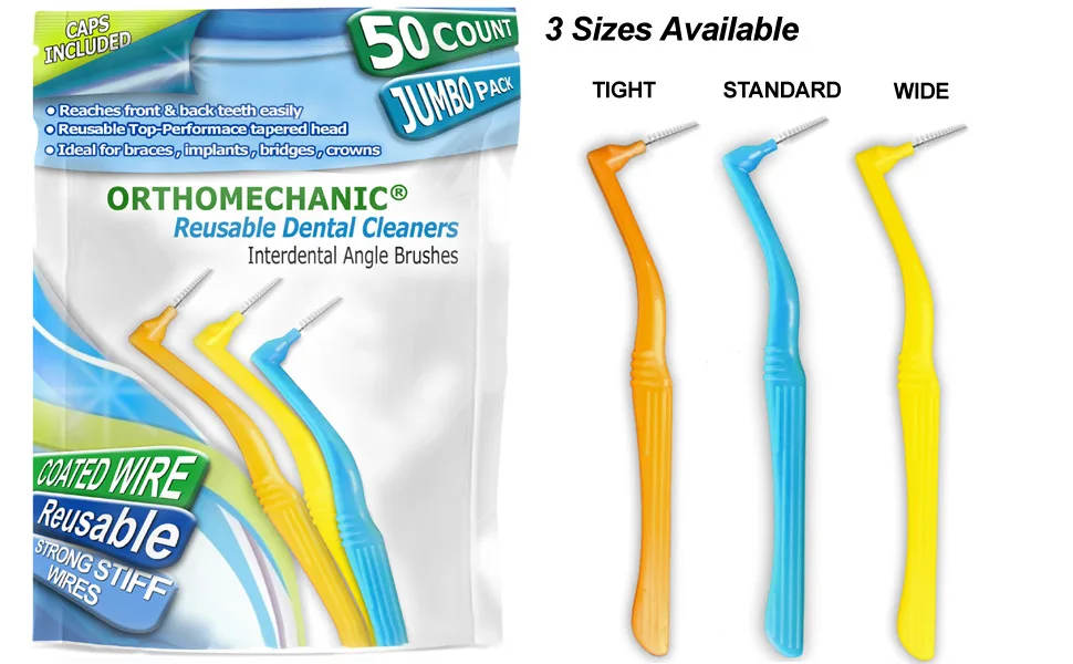 Reusable Interdental Angle Brushes by Orthomechanic - Jumbo Pack - Remove Plaque - Toothpick (Standard - Blue - 100 Count (Pack of 2)) - Dental interdental brushes angle pack of 50 for braces aligners teeth orthomechanic