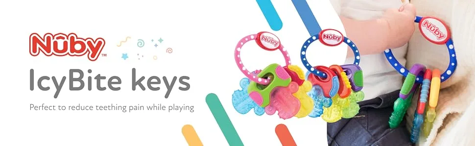 N by bite ring for babies promotes visual sense & motor skills gripping with ICE gel also reaches the molars from 3+ months 600 blue 1 piece (2 pack) - Header teething keys