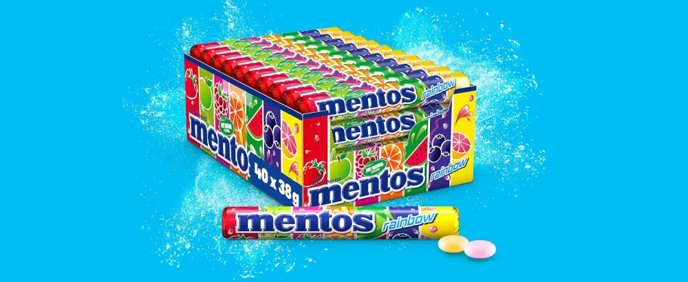 Mentos Rainbow Dragees fruit candies with orange strawberry apple blueberry raspberry melon & grapefruit taste multipack (40 roll) vegan - rainbow