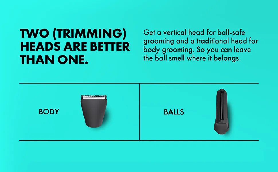 Ballsy B2 Groin & Body Trimmer for Men, Includes 2 Quick Change Heads, Waterproof, Cordless Charging Base for The Ultimate Close Shave - two trimming heads better