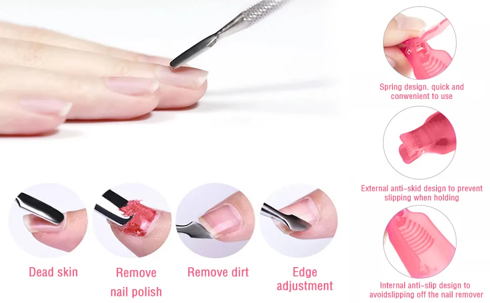 Nail polish remover tools set 10 PCs nail polish remover clips and 2 pcsectared cutel skin trimmer nail polish lean remote tools kit pink - product information 3