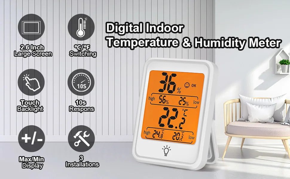 Digital thermometer inside 2 PCs mini thermo hygrometer with max/min display room thermometer and air humidity knife screen with touchable backlight - thermometer innen