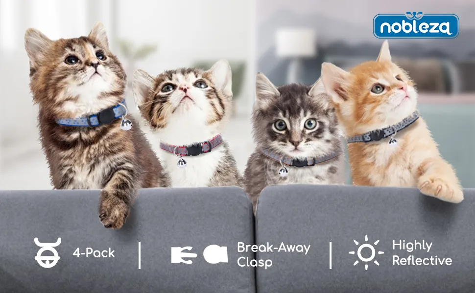 Nobleza 4 Pack Reflective Cat Collar with Safety Clasp and Bell Adjustable Collar for Cat Kitten Dogs - product information 1